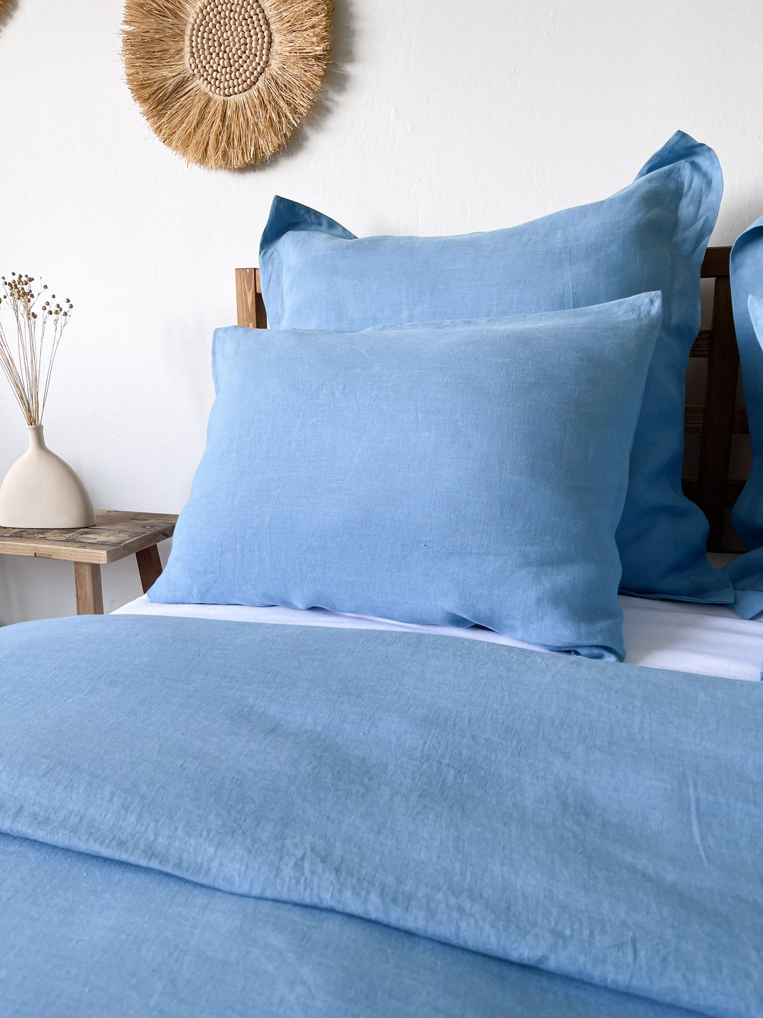 Taie d'oreiller en lin bleu clair avec bordure - Linen Notes