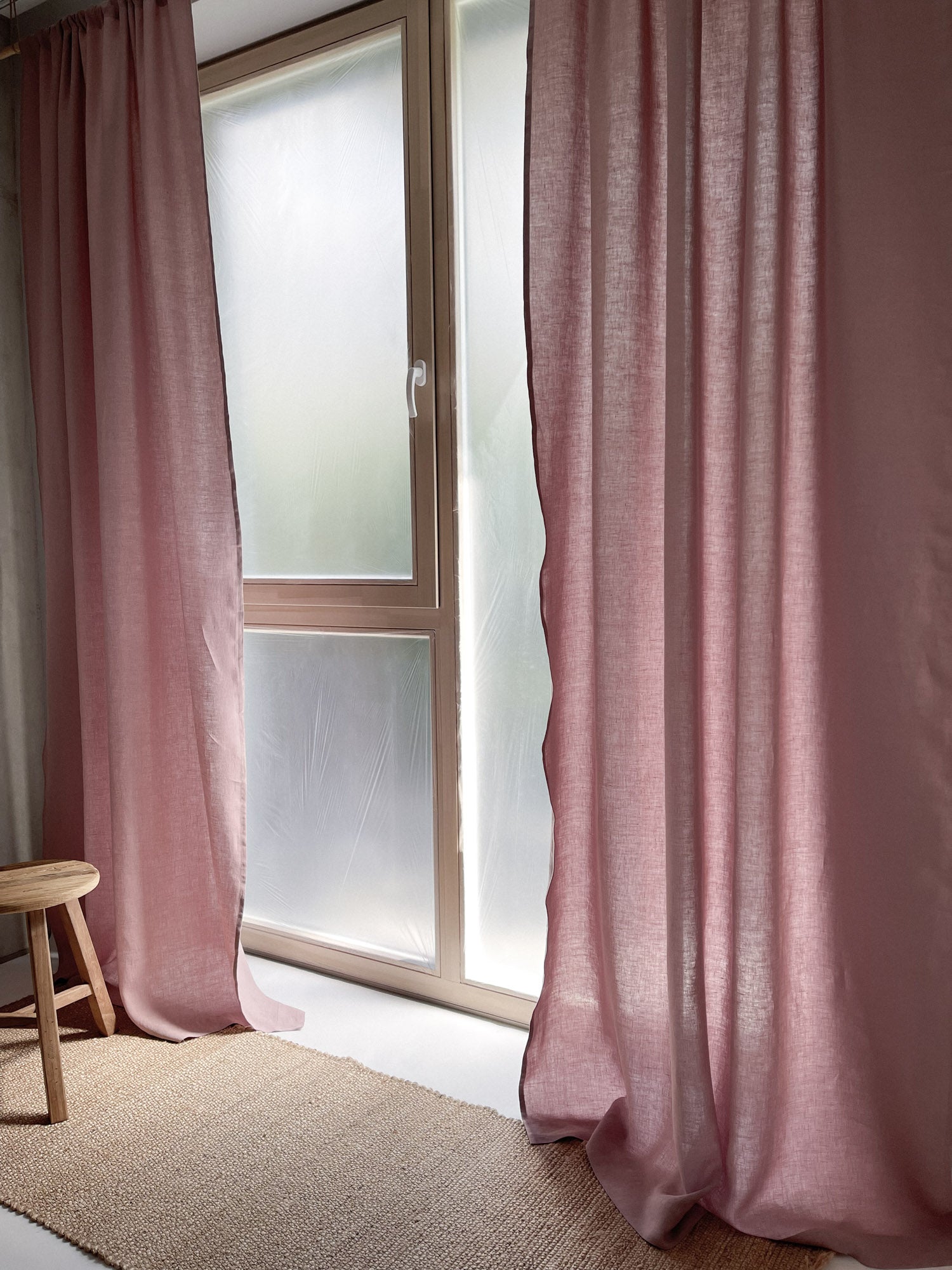 Paire de rideaux en lin lavé de poids moyen - Rose poussiéreux