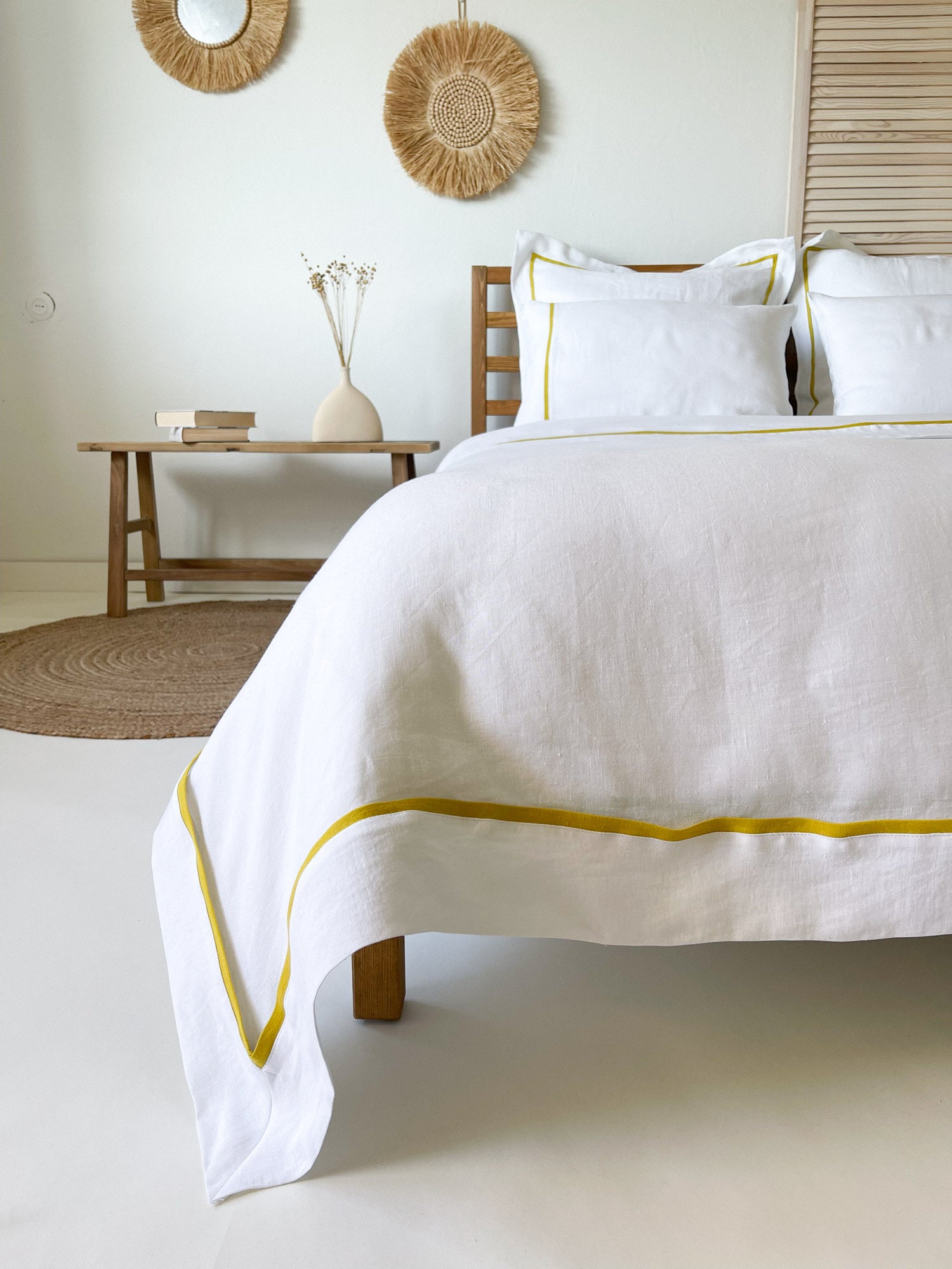 Housse de couette en lin avec bordure - blanc et jaune - Linen Notes