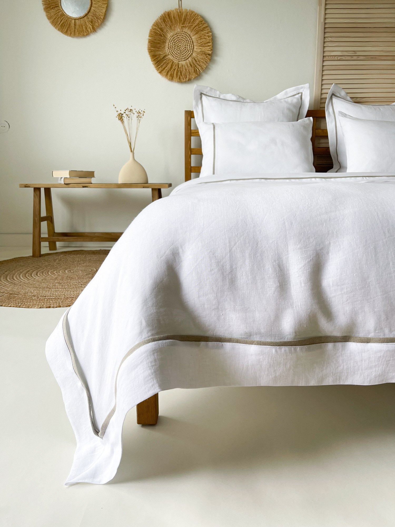 Housse de couette en lin avec bordure - blanc et beige - Linen Notes